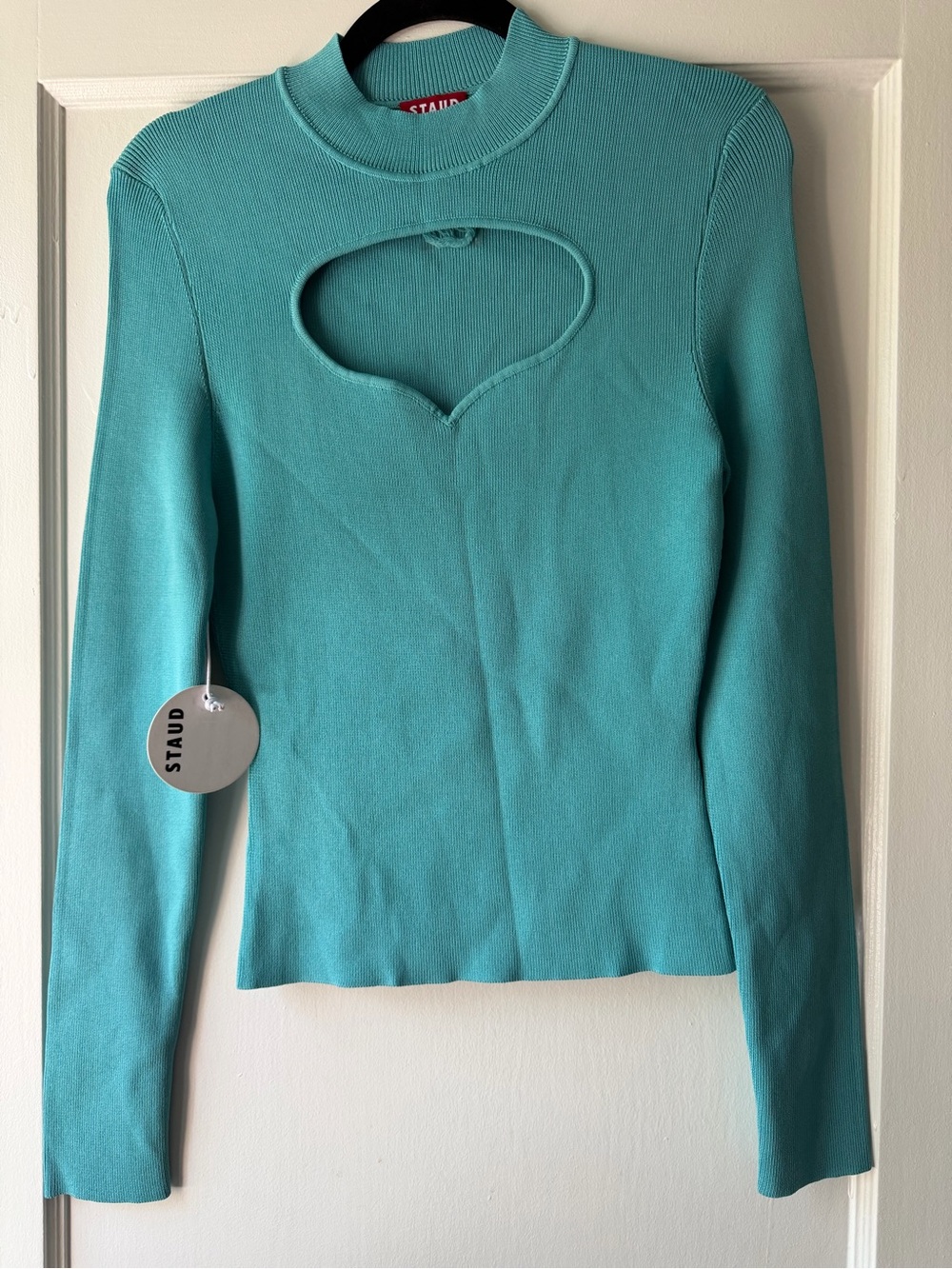 STAUD Teal Heart Cutout Long-Sleeve Top